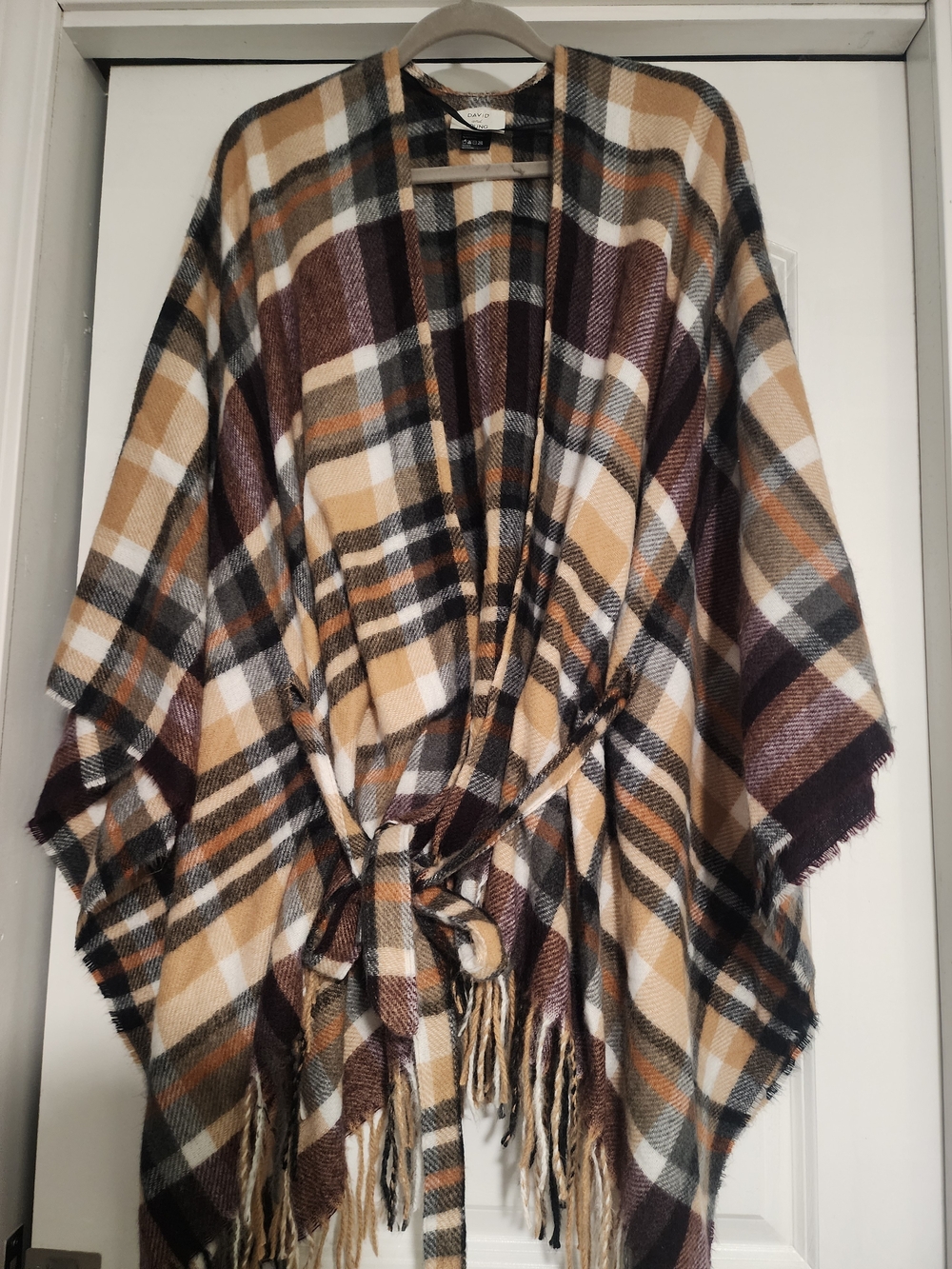 Plaid Fringe Wrap Poncho in Beige and Brown - Stylish Layering Accent